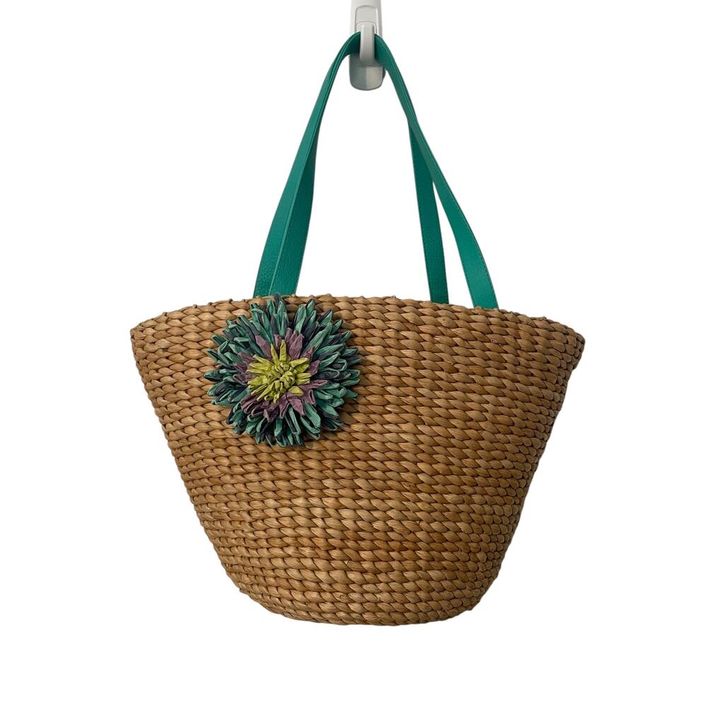 Wicker Basket Woven Tote with Floral Embellishment Beachy Vacay Picnic Bag
